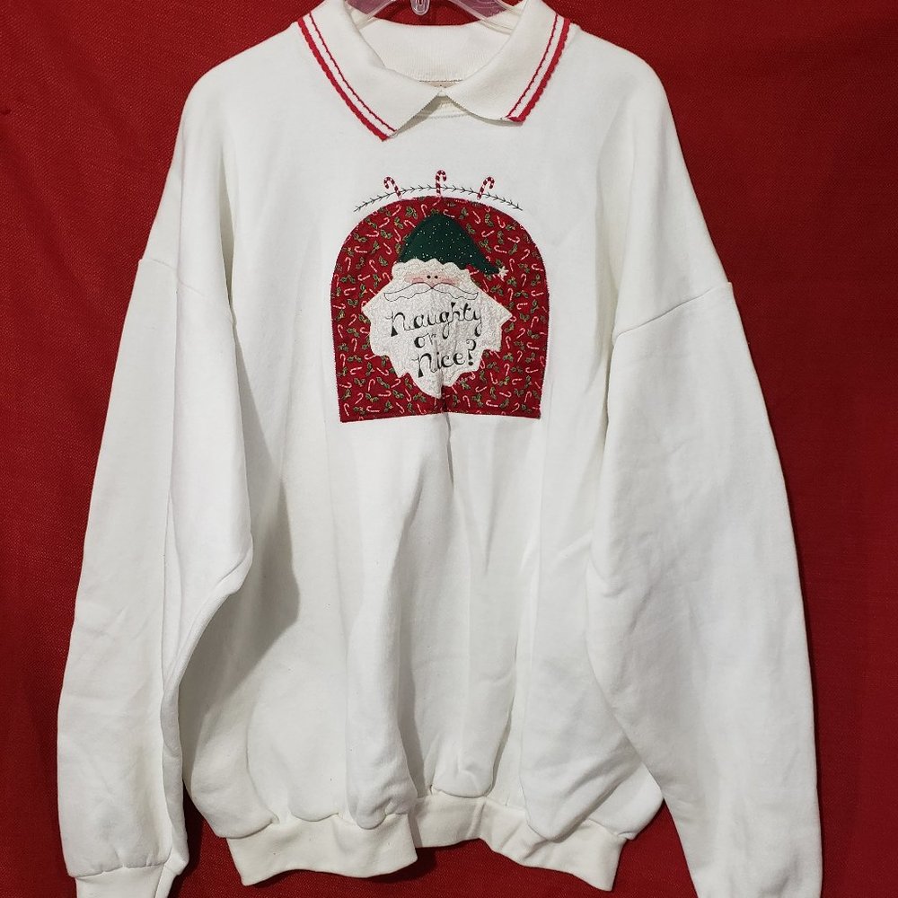 New Vtg Valorie Sockwell Christmas Naughty Or Nice White Sweater 2X USA Made